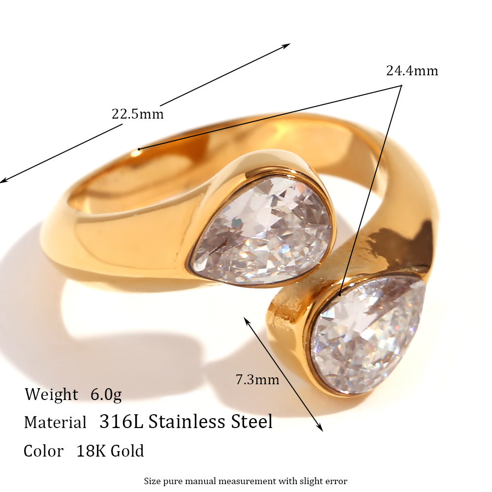 18K gold plated twin teardrop zircon open ring by STUD