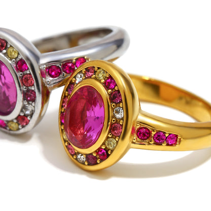 Silver stainless steel oval pink zircon ring with colorful crystal halo design