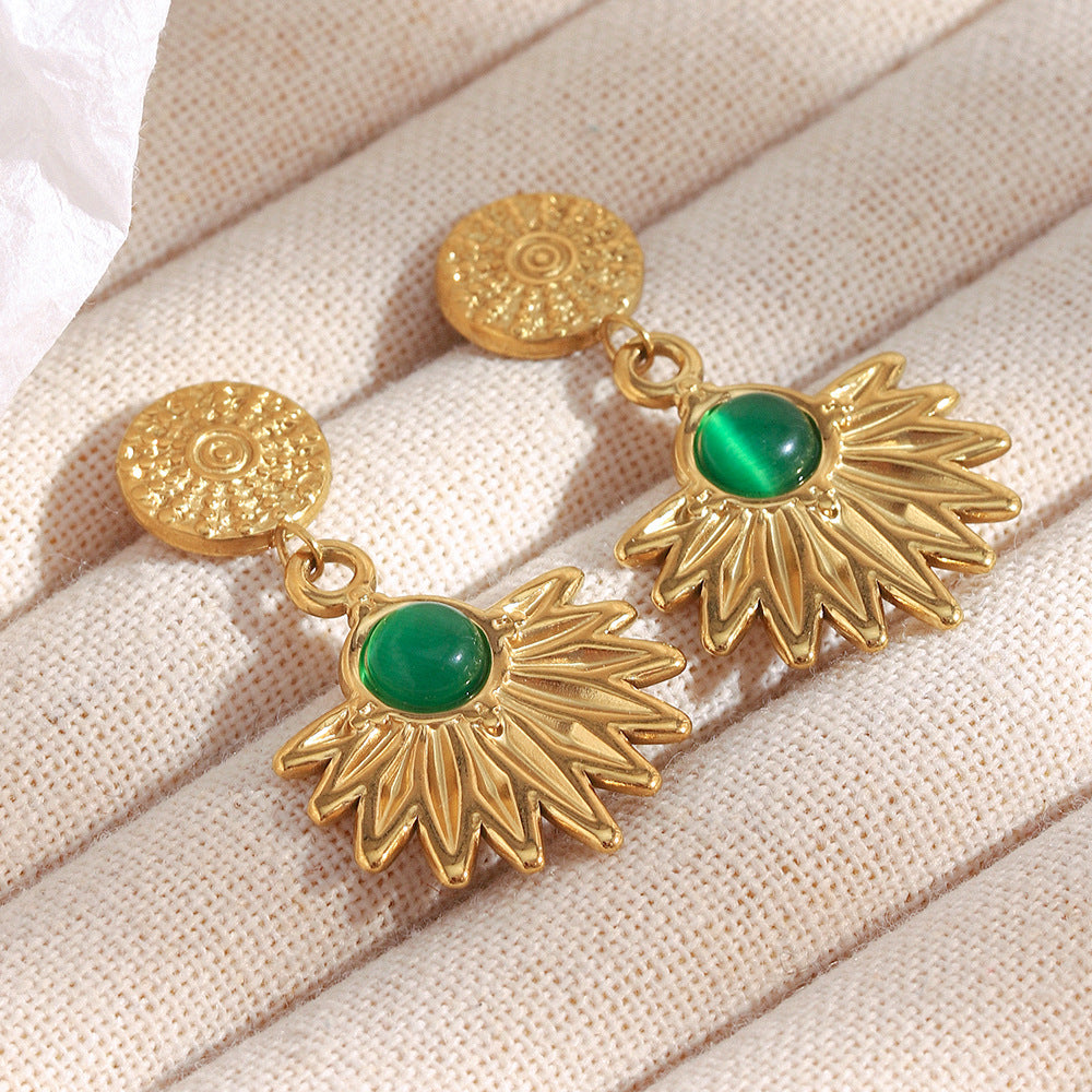 18K gold-plated stainless steel sunburst drop earrings with green agate stone