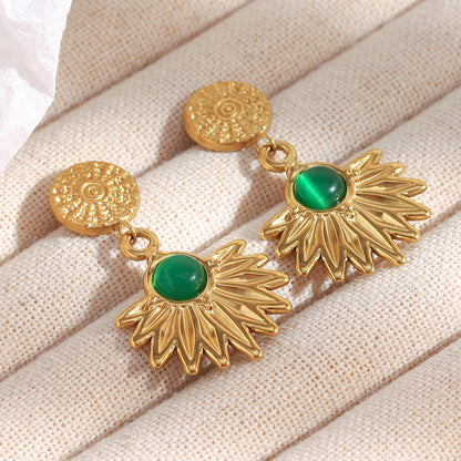 18K gold-plated stainless steel sunburst drop earrings with green agate stone