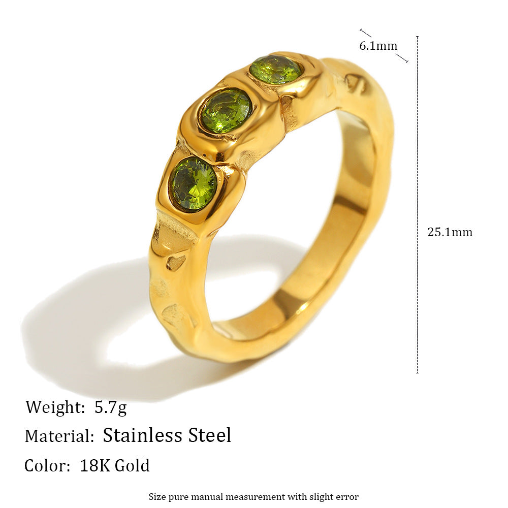 18K gold-plated chunky sculptural ring with three olive-green round cubic zirconia stones in raised square bezel settings, modern statement ring for women