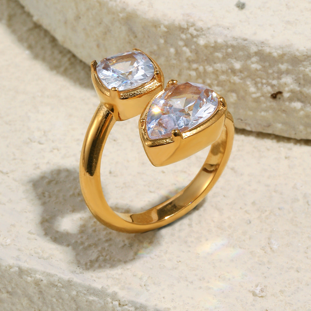 STUD 18K gold-plated stainless steel open ring with dual geometric pear and cushion cut zircon stones