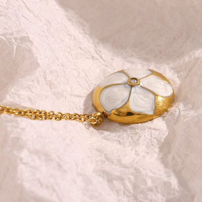 18K gold-plated stainless steel vintage enamel flower pendant necklace