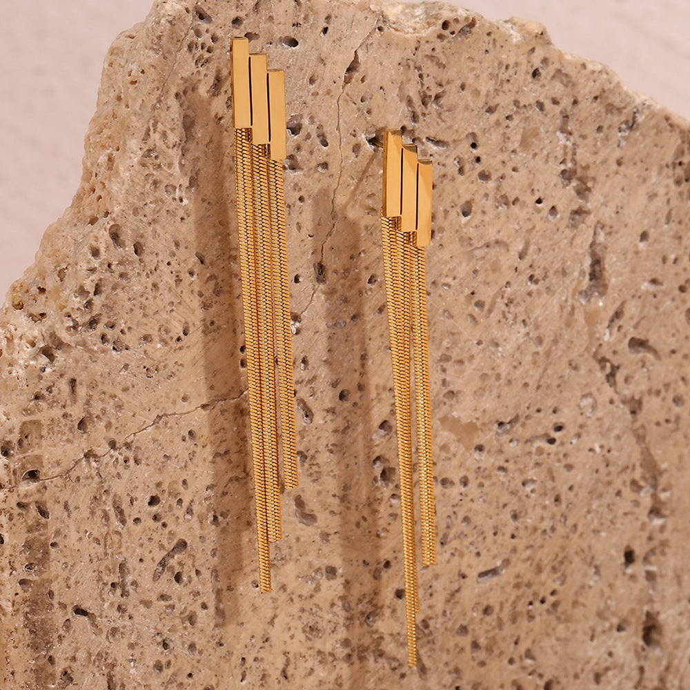 STUD 18K gold-plated stainless steel geometric layered bar tassel chain drop earrings