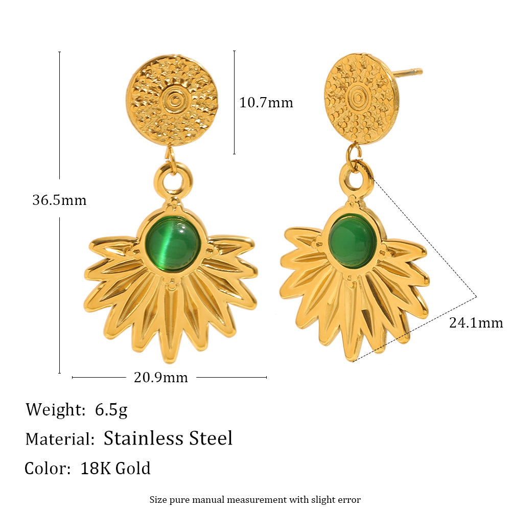 18K gold-plated stainless steel sunburst drop earrings with green agate stone