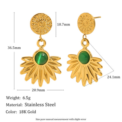 18K gold-plated stainless steel sunburst drop earrings with green agate stone