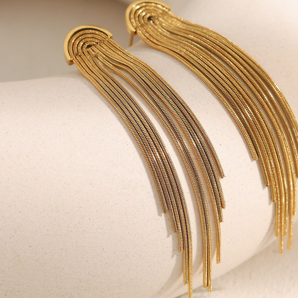 18K gold-plated stainless steel long tassel chain statement earrings