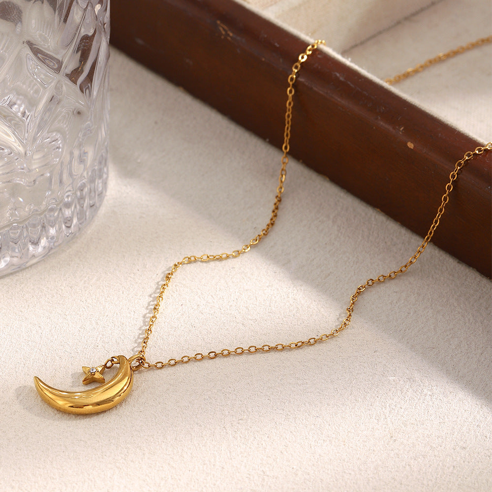 18K gold-plated crescent moon and star pendant necklace on stainless steel chain