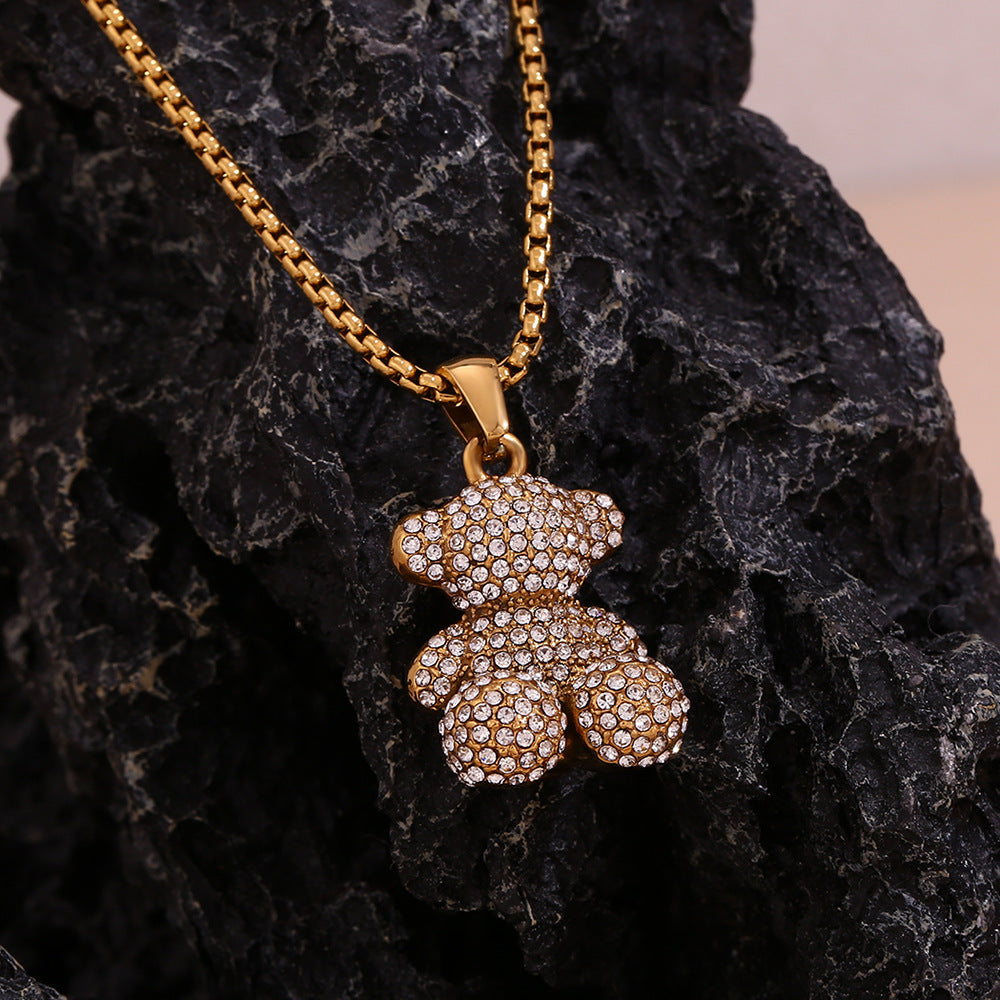 Golden Pearl Sitting Bear Pendant Necklace