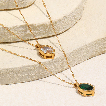 STUD 18K gold-plated stainless steel necklace with twisted edge oval clear zircon pendant