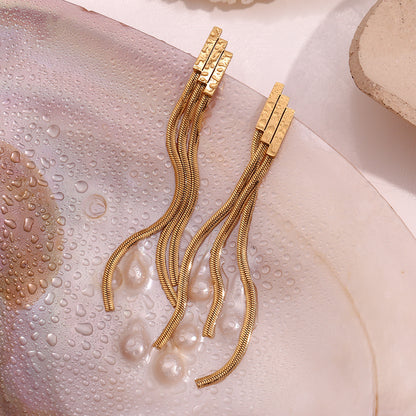 STUD 18K gold-plated stainless steel geometric layered bar tassel chain drop earrings