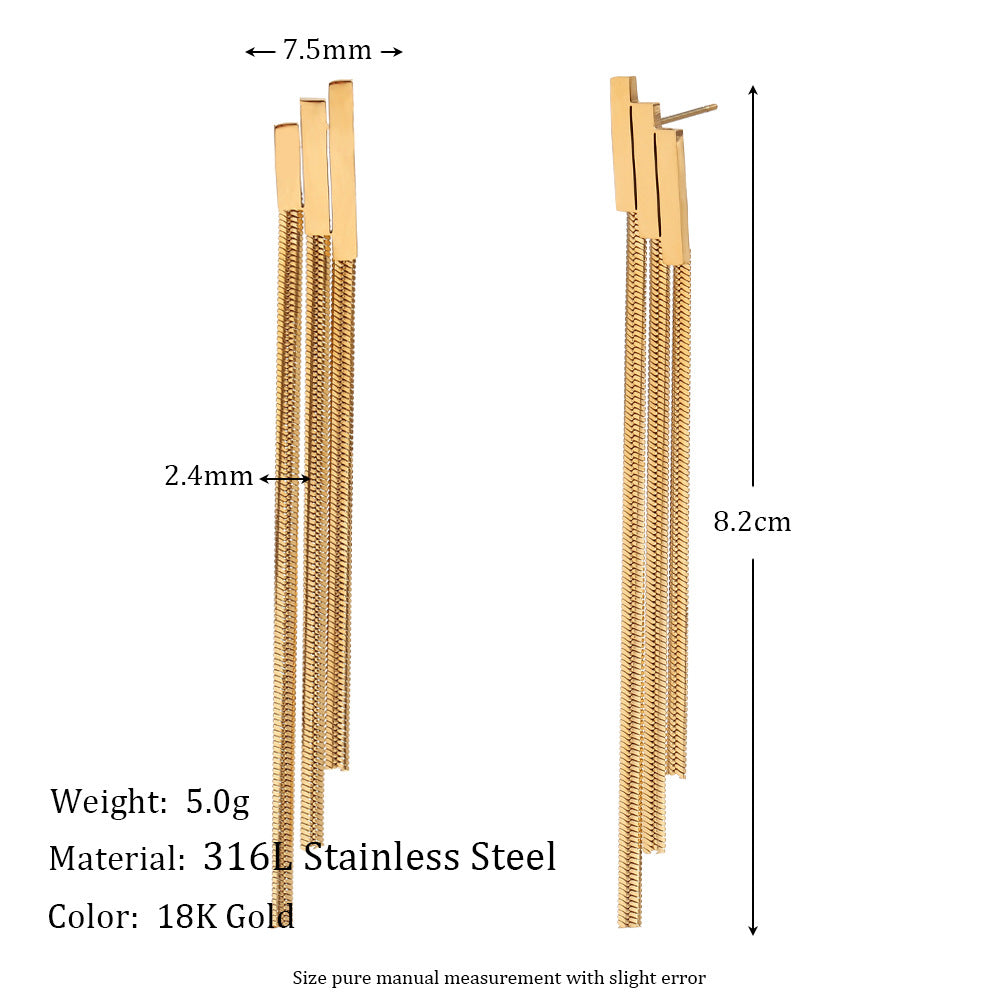 STUD 18K gold-plated stainless steel geometric layered bar tassel chain drop earrings