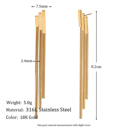 STUD 18K gold-plated stainless steel geometric layered bar tassel chain drop earrings