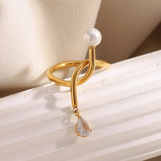 18K gold-plated stainless steel open ring with knot design, zircon charm and pearl drop