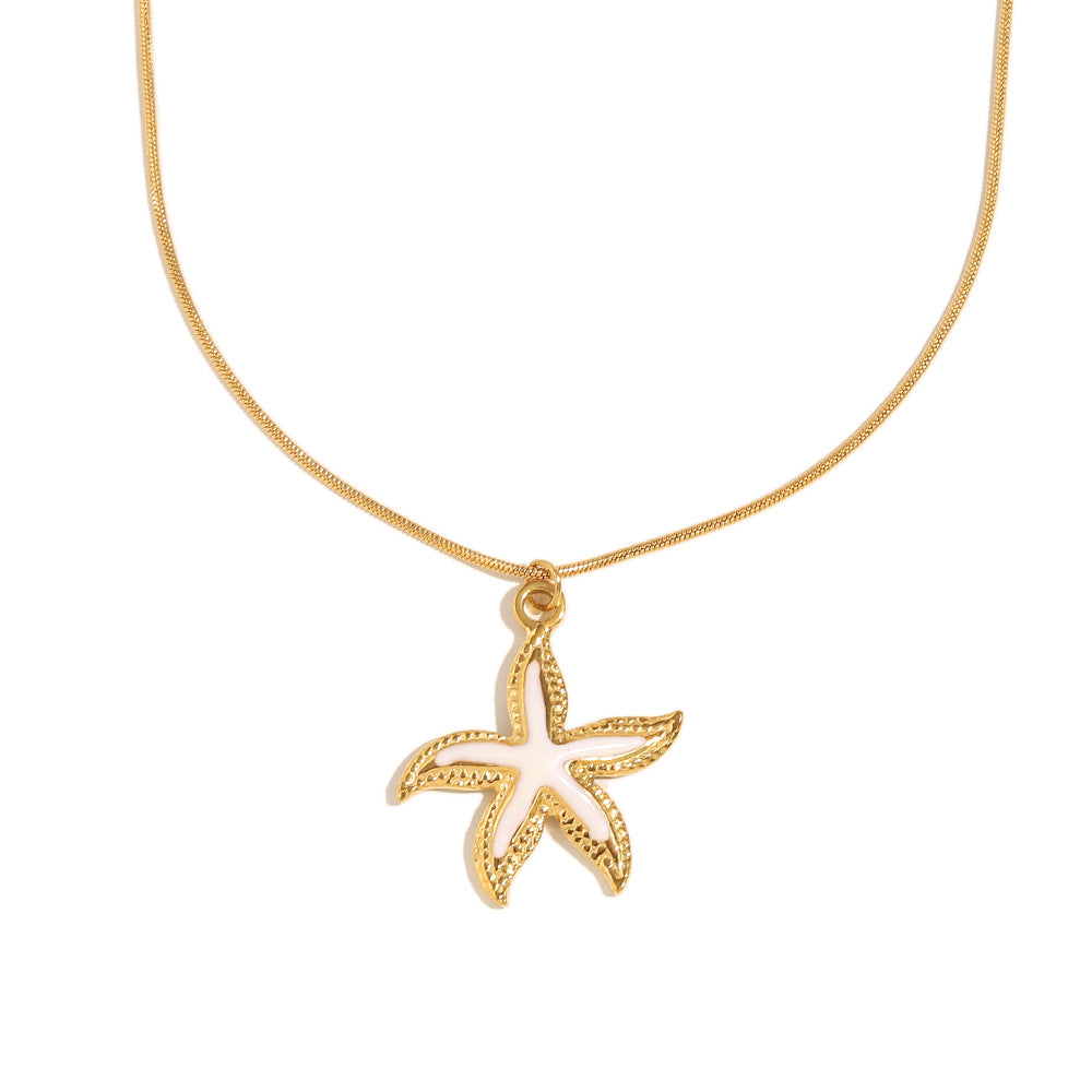 White enamel gold starfish pendant necklace with 18K gold chain