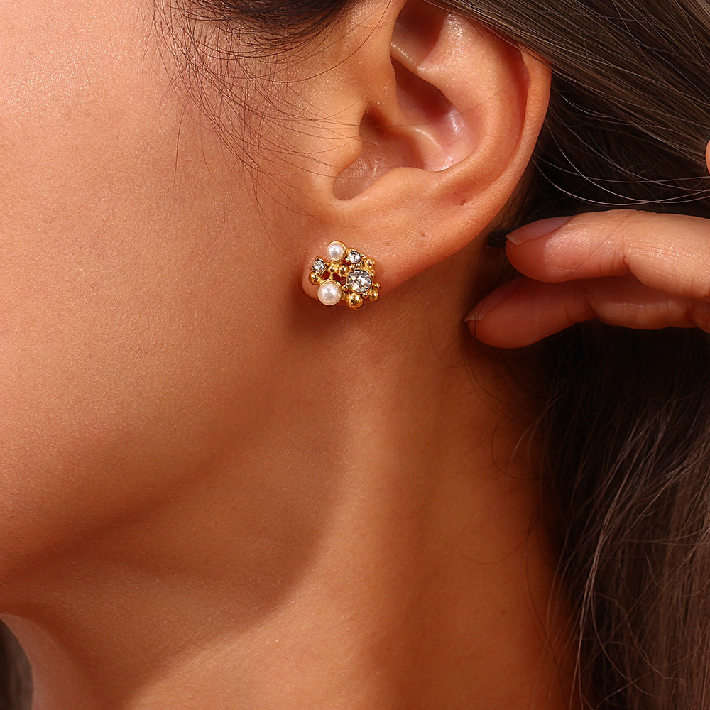 Floral Pearl and Crystal Stud Earrings | 18K Gold-Plated Stainless Steel