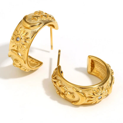Close View of Celestial gold earrings – star, moon & sun motifs, 18K gold-plated, waterproof by STUD (Shop Till You Drop)