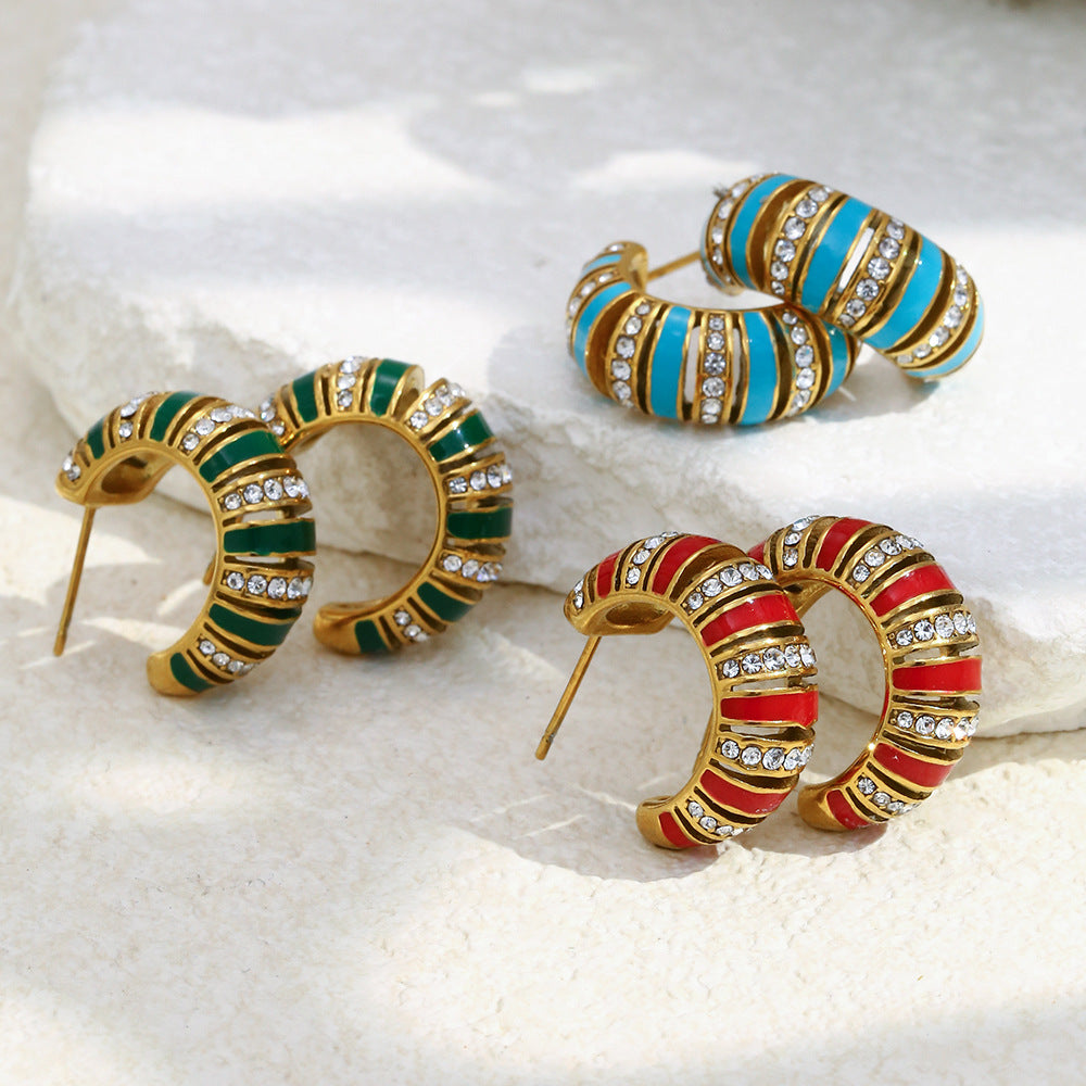 18K gold-plated stainless steel turquoise enamel C-shaped hoop earrings with zircon stones