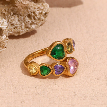 Close up view of Colorful zircon heart ring – 18K gold-plated stainless steel dome with marquise and round-cut stones – statement jewelry by STUD (Shop Till You Drop)