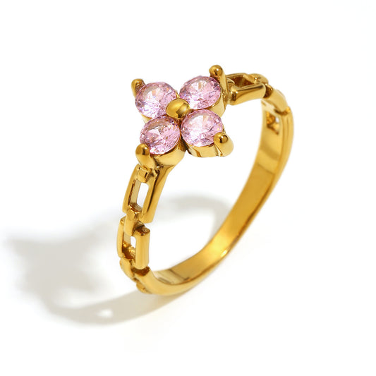 18K gold plated chain ring with pink zircon flower design – STUD