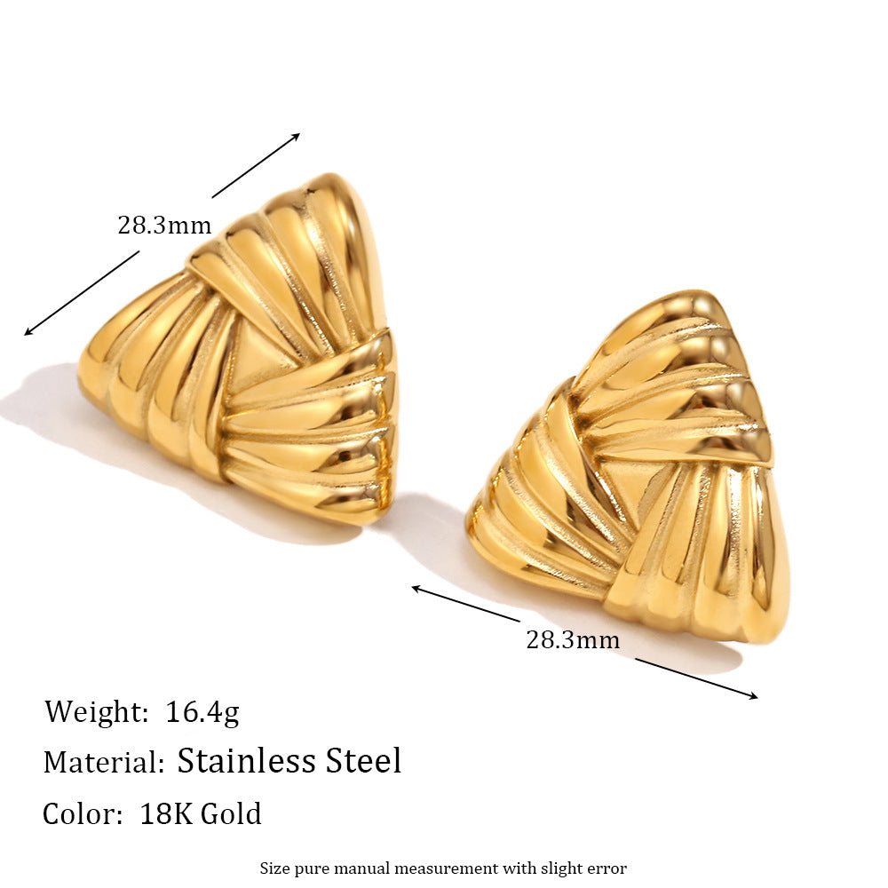 High-shine retro silver triangle stud earrings with embossed wrap design – STUD