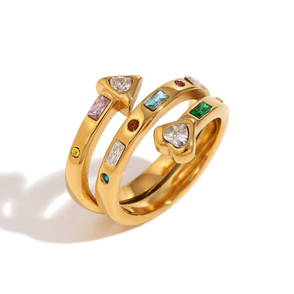 Gold rainbow stone open ring with heart and arrow design