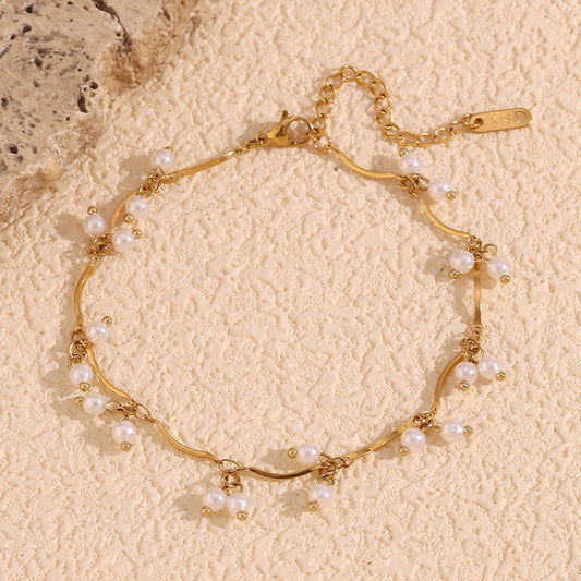 18K gold plated daisy pearl drop bracelet with delicate adjustable chain – STUD