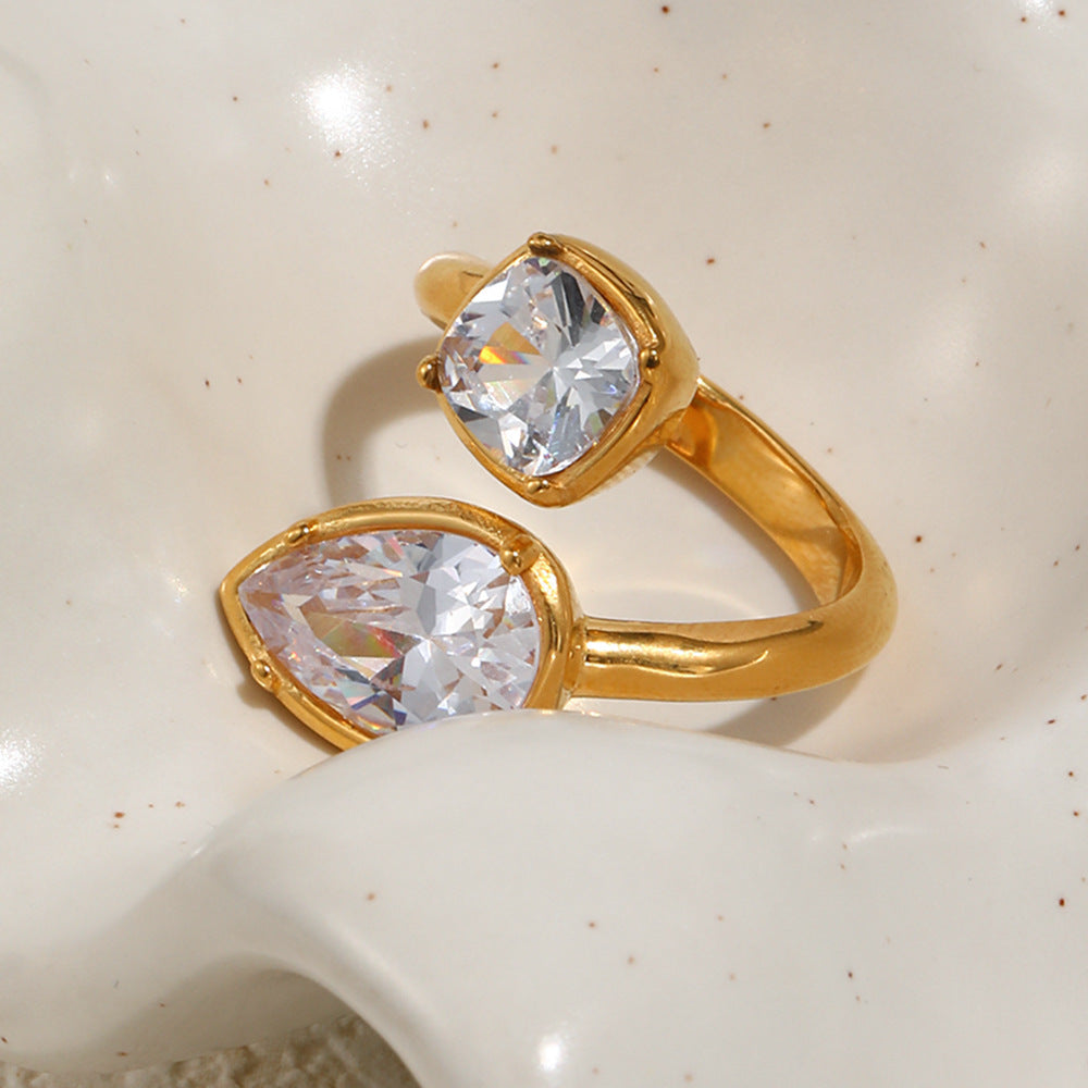 STUD 18K gold-plated stainless steel open ring with dual geometric pear and cushion cut zircon stones