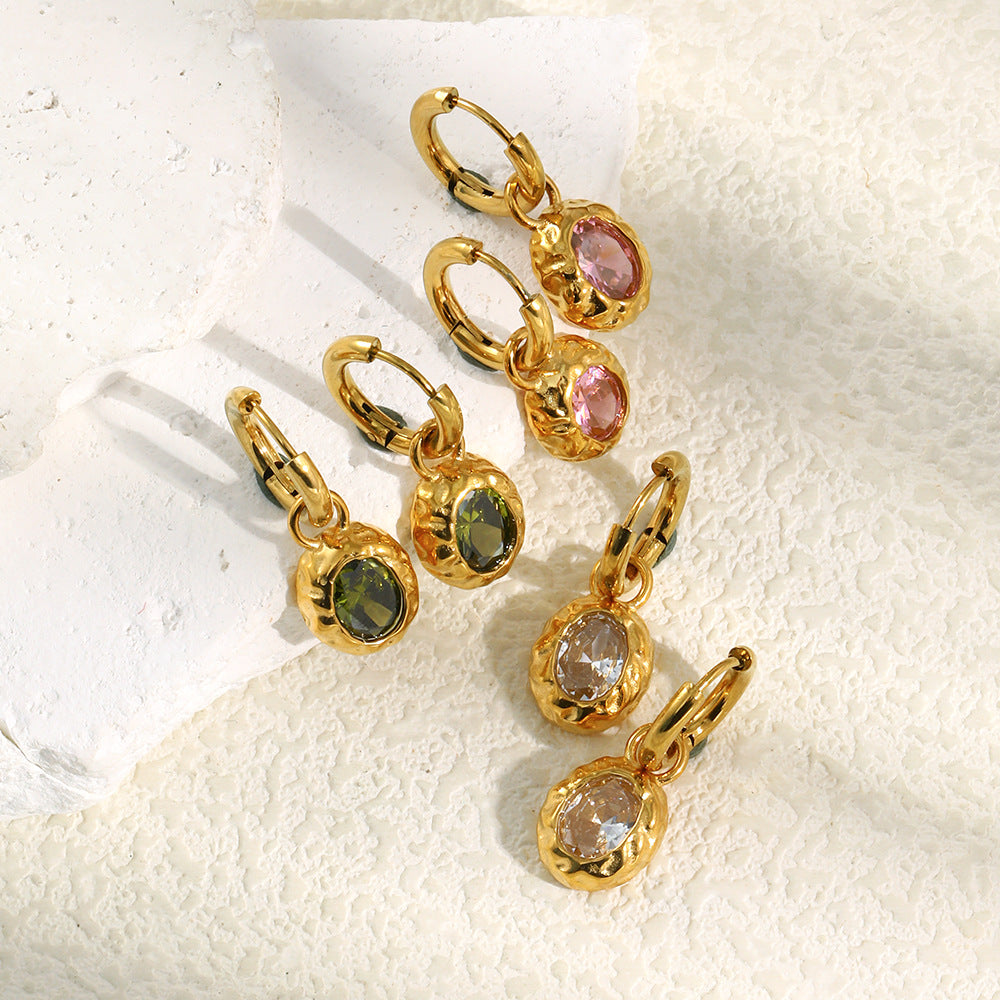 STUD 18K gold-plated stainless steel hammered oval hoop earrings with green zircon stone