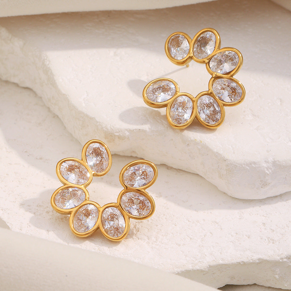 STUD 18K gold-plated flower zircon stud earrings with dainty petal design