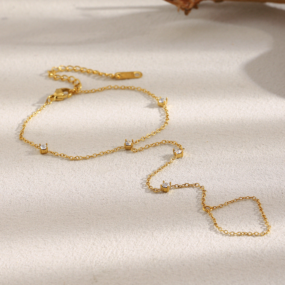 Crystal gold chain finger ring bracelet with 18K plating