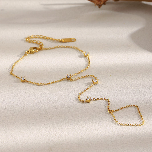 Crystal gold chain finger ring bracelet with 18K plating