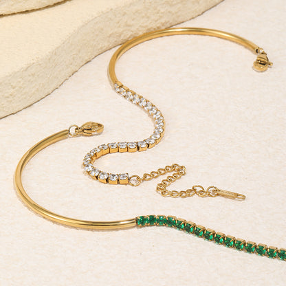 18K gold-plated half bangle half chain bracelet with white cubic zirconia stones, minimalist modern jewelry for women