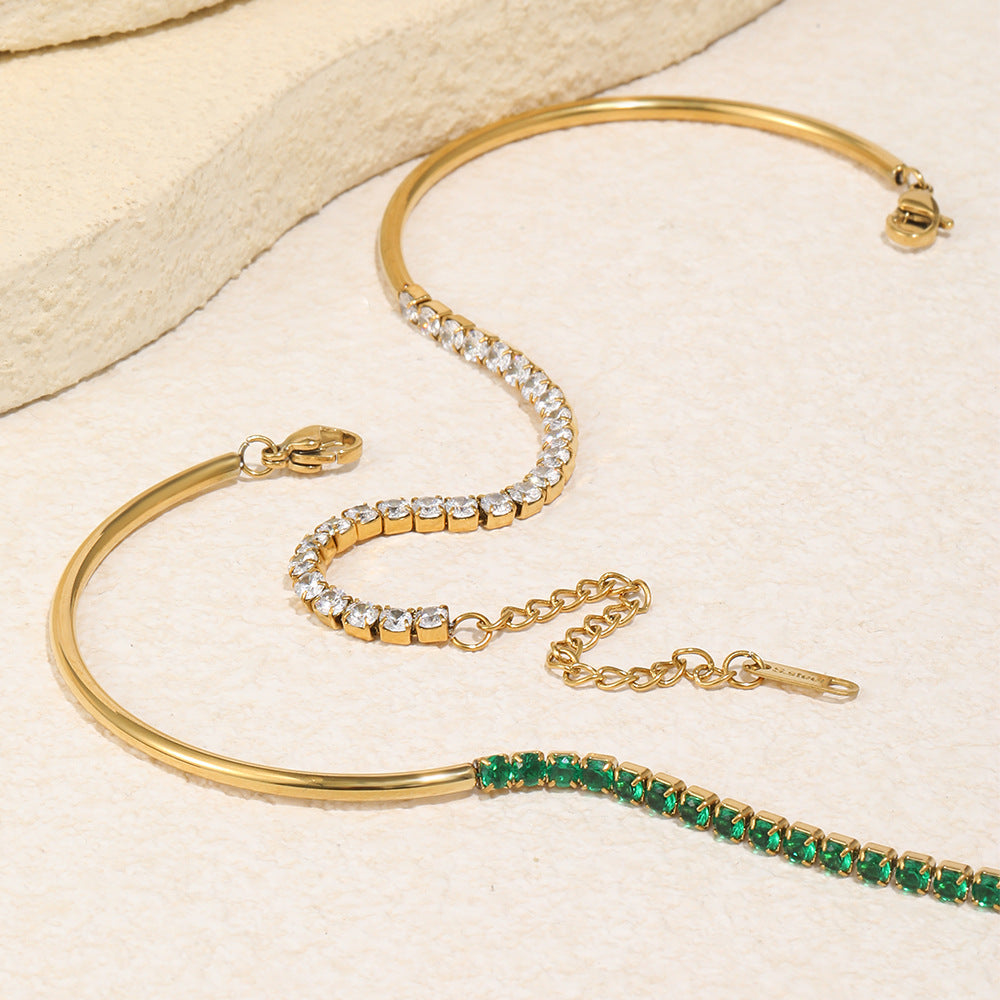 18K gold-plated half bangle half chain bracelet with rich green cubic zirconia stones, vintage-modern statement jewelry for women