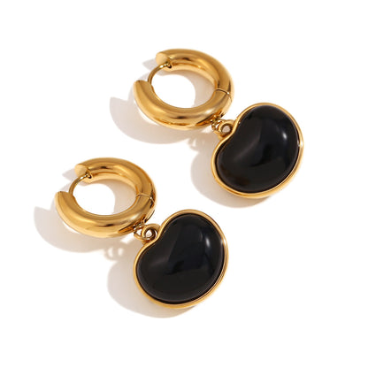 Close View of Black onyx heart earrings – 18K gold-plated, waterproof, hypoallergenic studs by STUD (Shop Till You Drop)