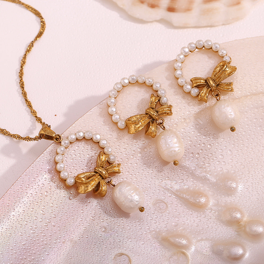 18K gold plated pearl bow drop earrings with vintage textured bow – STUD