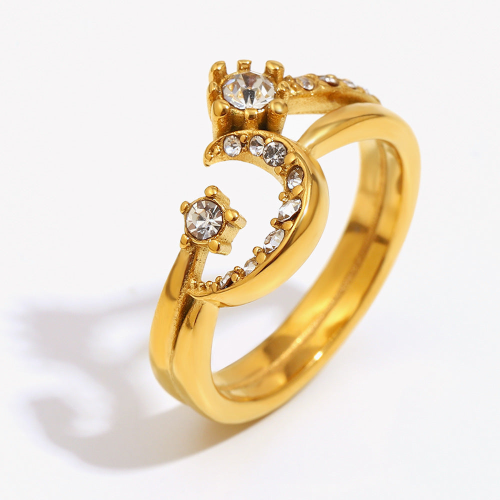 18K gold plated crescent moon double ring with embedded crystals