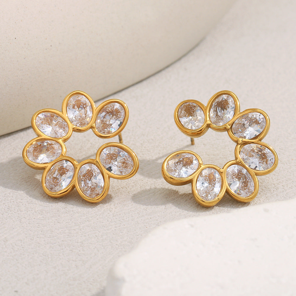 STUD 18K gold-plated flower zircon stud earrings with dainty petal design