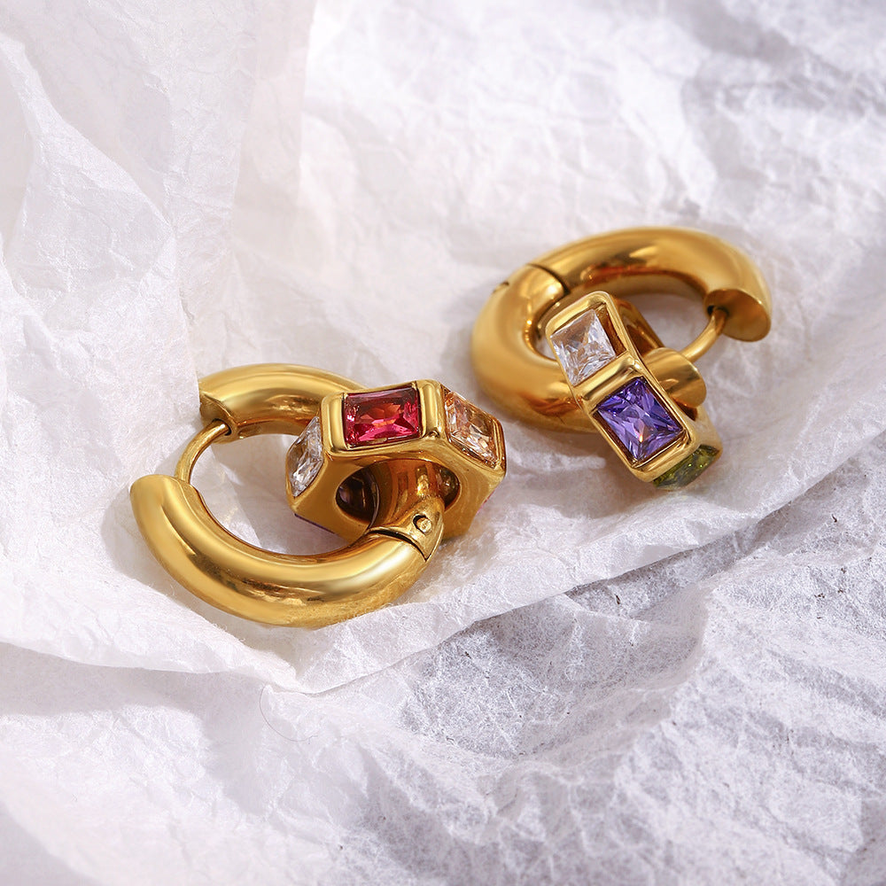 Gold-plated chunky hoop earrings with multicolor geometric gemstones – Aurora Gem Hoops by STUD