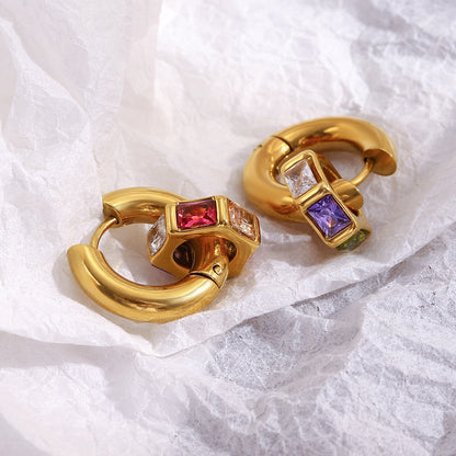 Gold-plated chunky hoop earrings with multicolor geometric gemstones – Aurora Gem Hoops by STUD