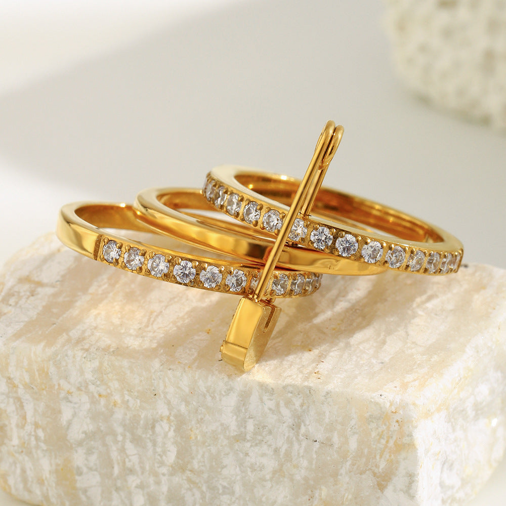 Bold Sparkle Safety Pin Ring with triple 18K gold plated bands and zircon pavé – STUD