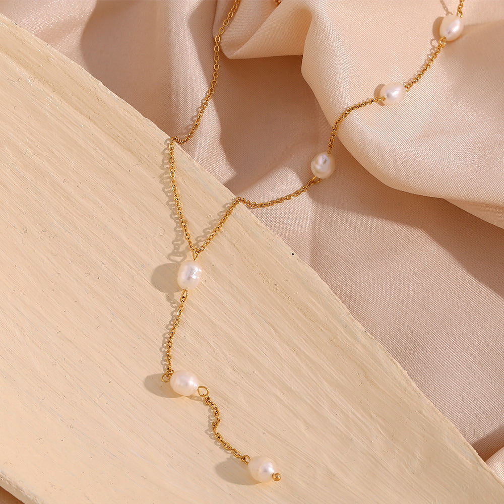 Minimalist Pearl Y-Chain Necklace | 18K Gold-Plated Stainless Steel