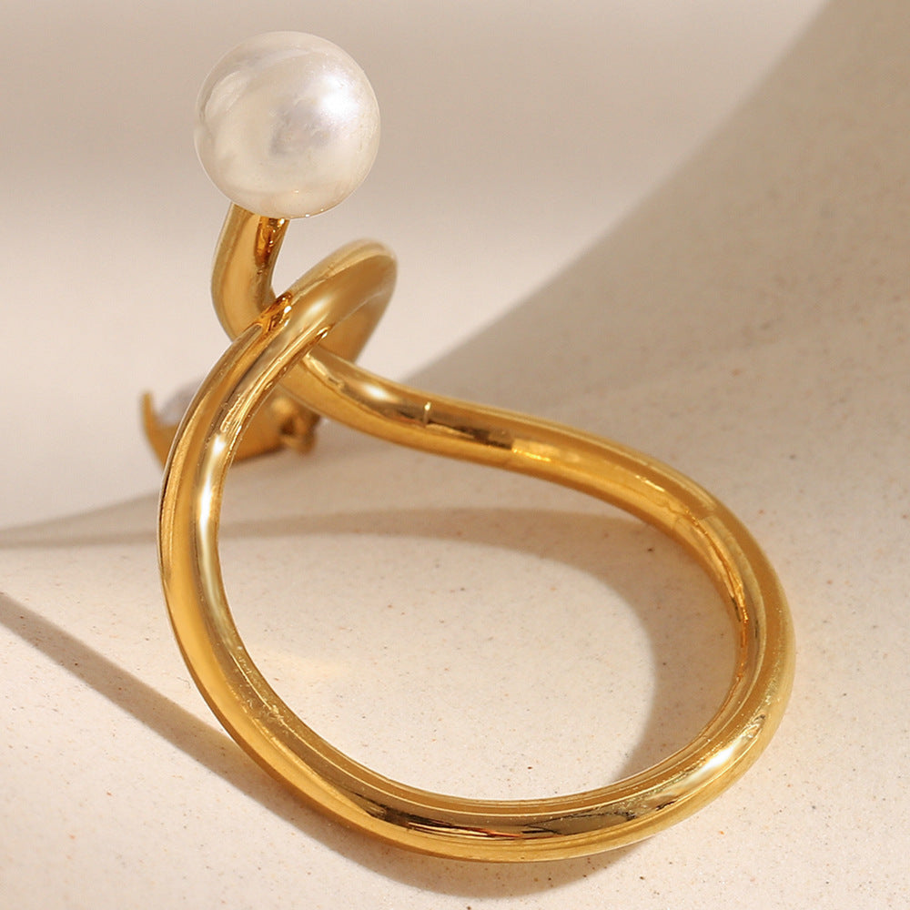 18K gold-plated stainless steel open ring with knot design, zircon charm and pearl drop