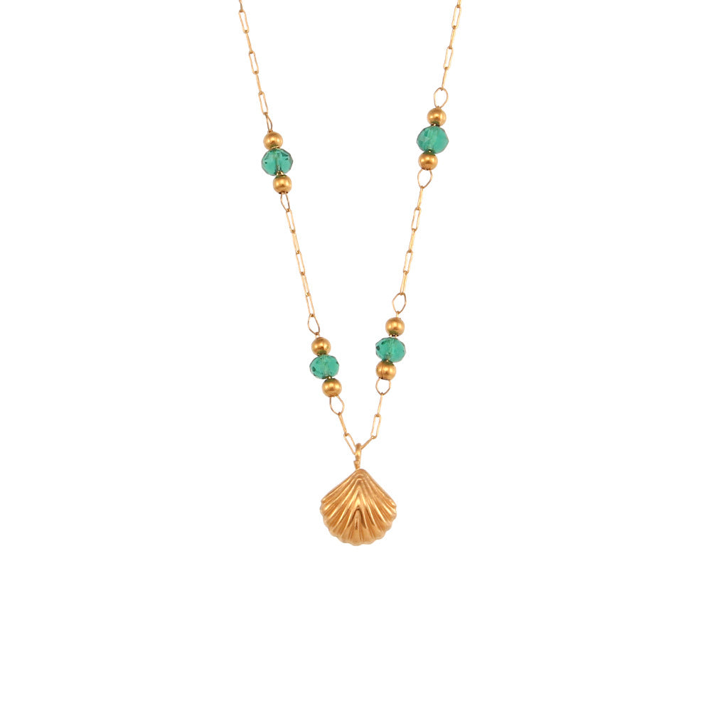 Minimalist Chic Green Bead & Shell Pendant Necklace