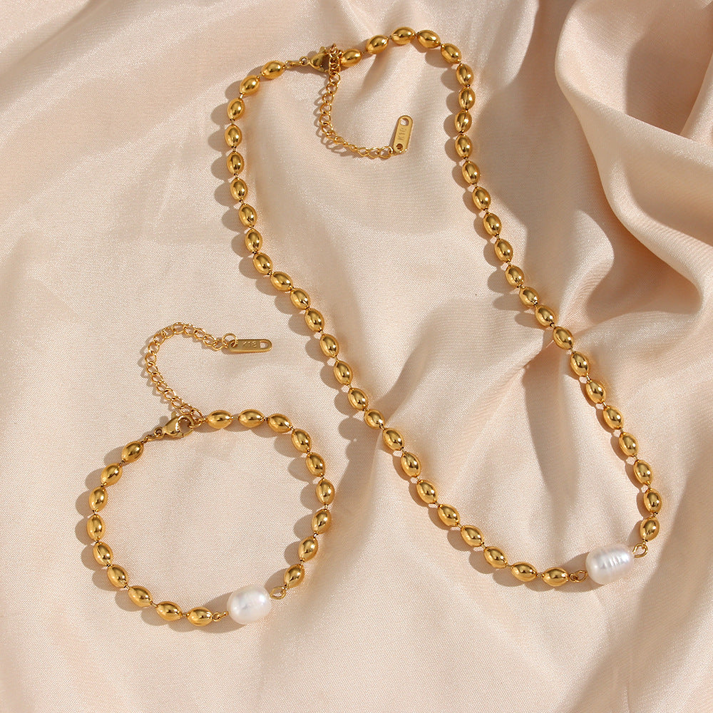 Modern Oval Bead & Pearl Necklace | 18K Gold-Plated Stainless Steel