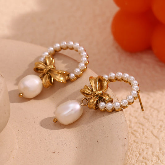 18K gold plated pearl bow drop earrings with vintage textured bow – STUD