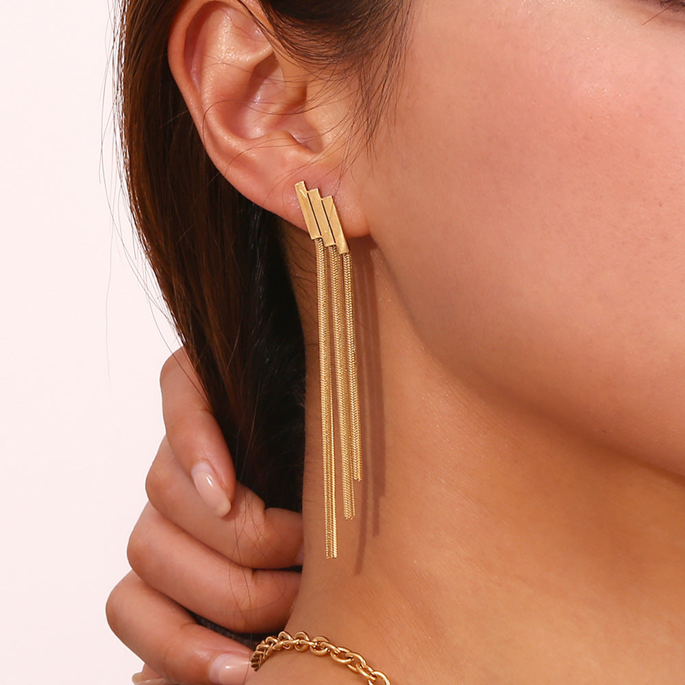 STUD 18K gold-plated stainless steel geometric layered bar tassel chain drop earrings