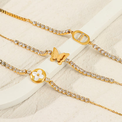 18K Gold Plated Butterfly and Clover Bracelet – Dainty Zircon Titanium Steel – STUD