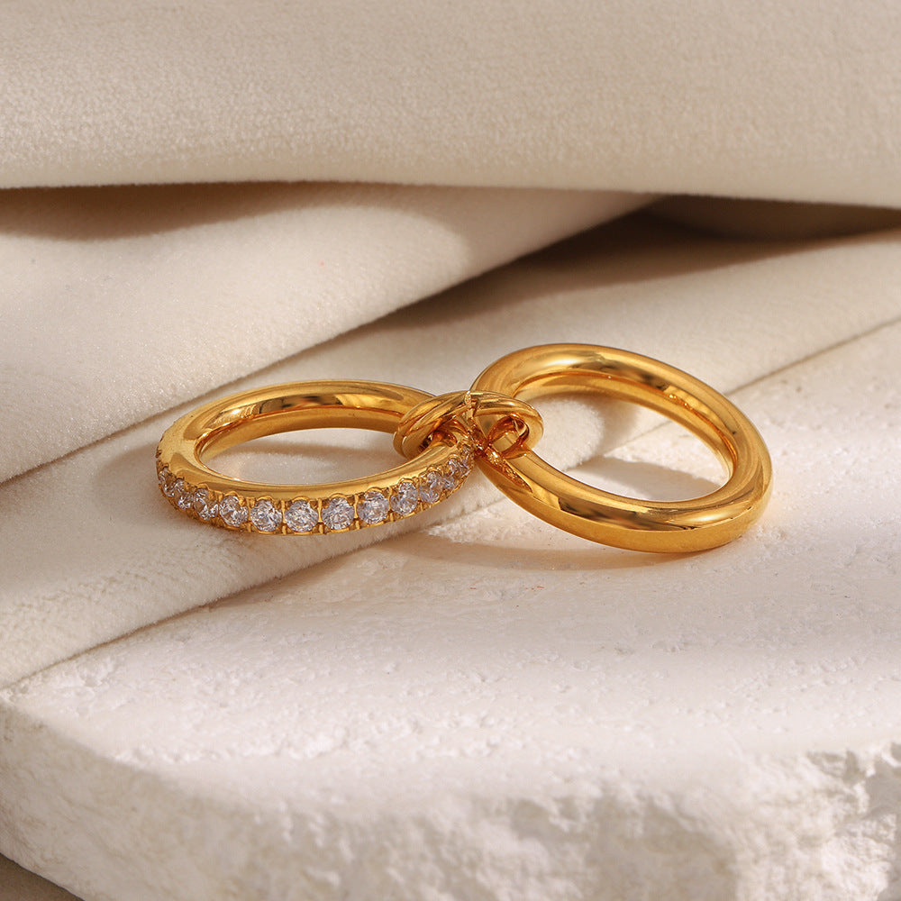18K gold-plated stainless steel double layer ring with embedded zircon stones for women