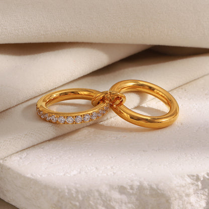 18K gold-plated stainless steel double layer ring with embedded zircon stones for women